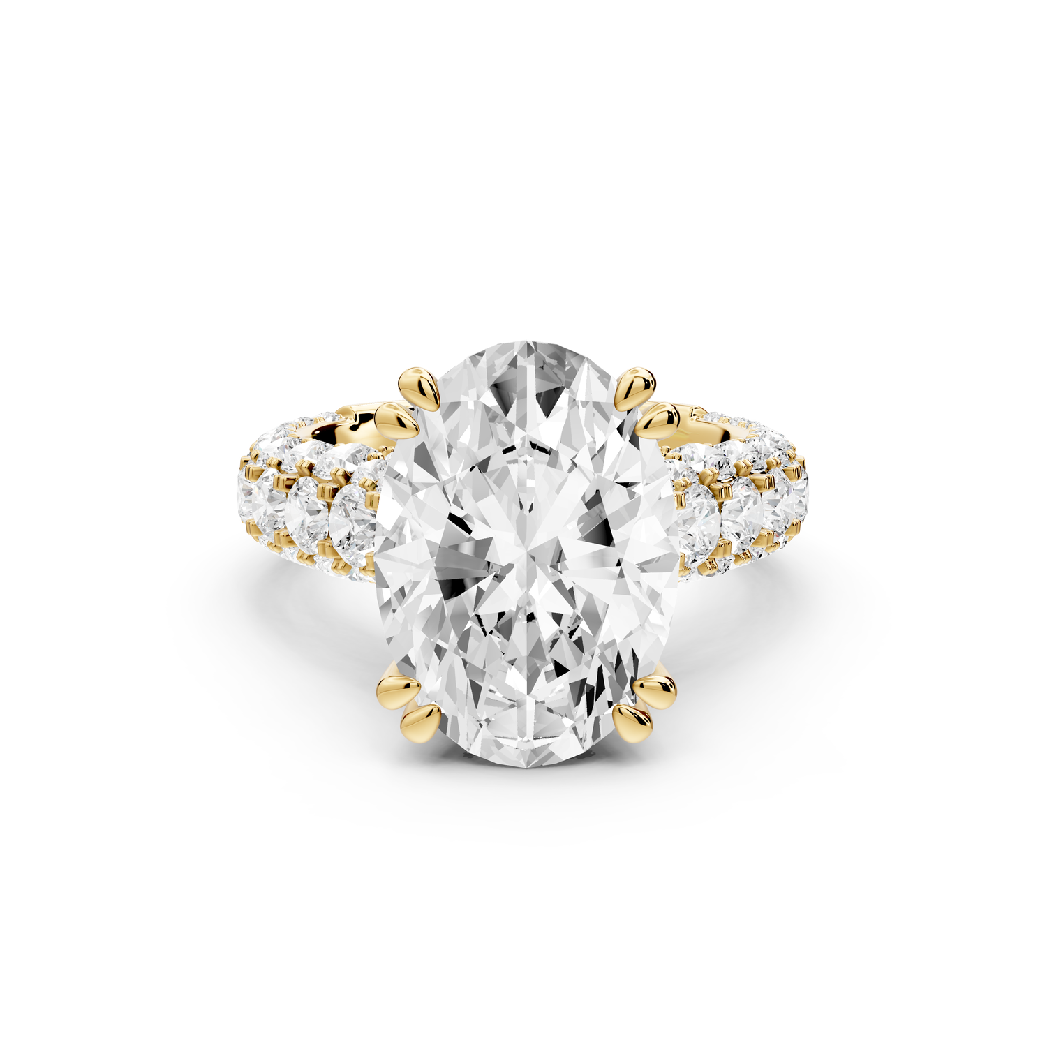Clarissa - 5ct 14k yellow gold oval Diamond double talon prongs with a diamond bridge rollover pave cathedral engagment ring