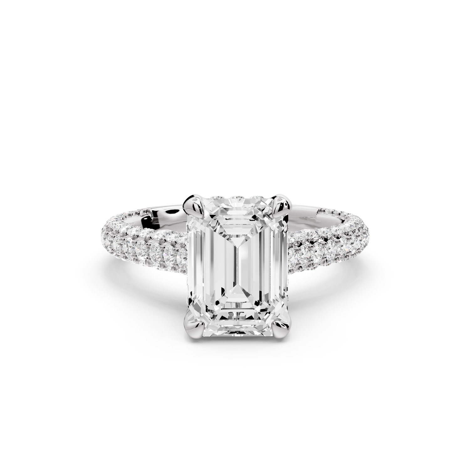 Bianca - 2ct 14k white gold emerald Diamond hidden halo with a diamond crown and bridge rollover pave cathedral Engagement ring