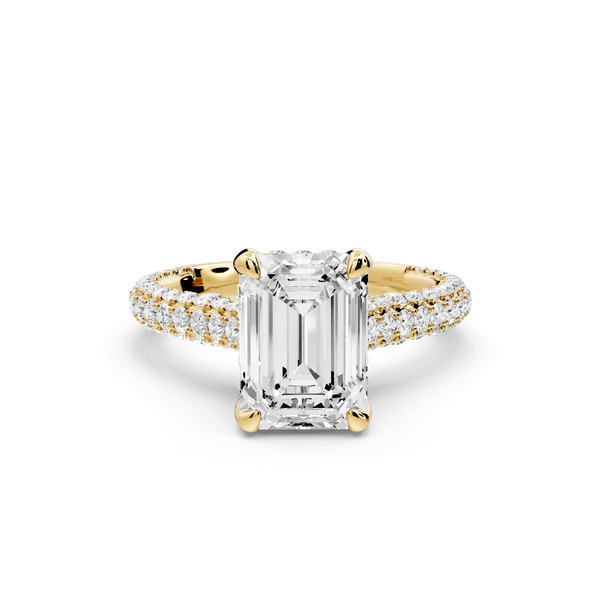 Bianca - 2ct 14k yellow gold emerald Diamond hidden halo with a diamond crown and bridge rollover pave cathedral Engagement ring