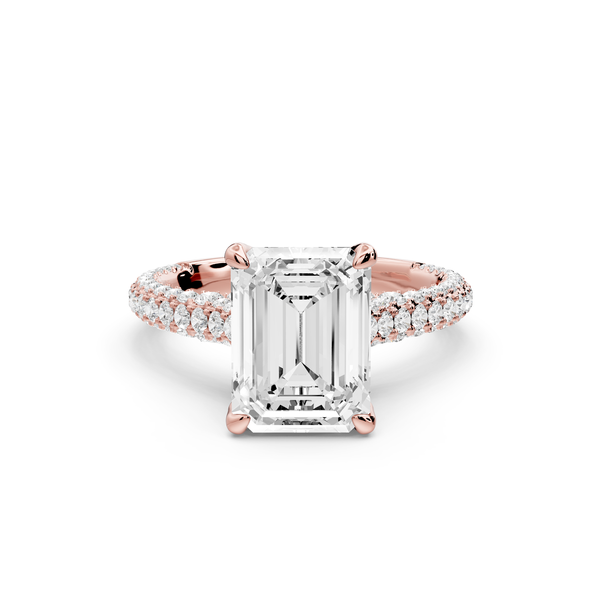 Bianca - 3ct 14k rose gold emerald Diamond hidden halo with a diamond crown and bridge rollover pave cathedral Engagement ring