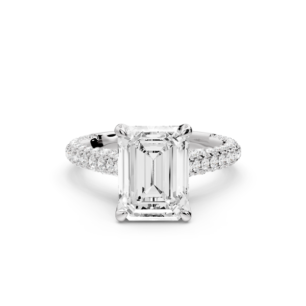Bianca - 3ct 14k white gold emerald Diamond hidden halo with a diamond crown and bridge rollover pave cathedral Engagement ring