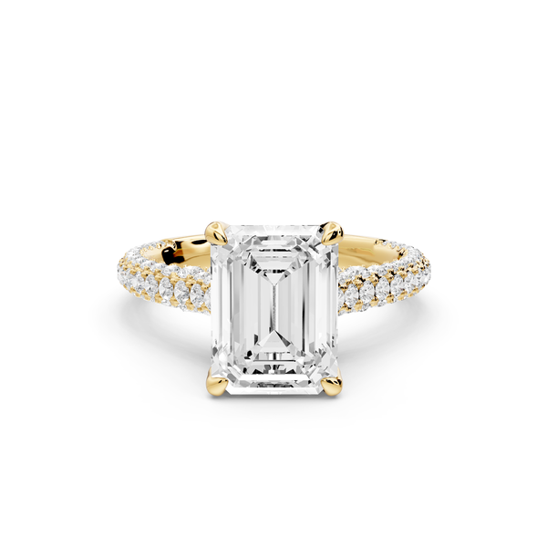 Bianca - 3ct 14k yellow gold emerald Diamond hidden halo with a diamond crown and bridge rollover pave cathedral Engagement ring