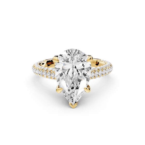 Bianca - 3ct 14k yellow gold pear Diamond hidden halo with a diamond crown and bridge rollover pave cathedral Engagement ring