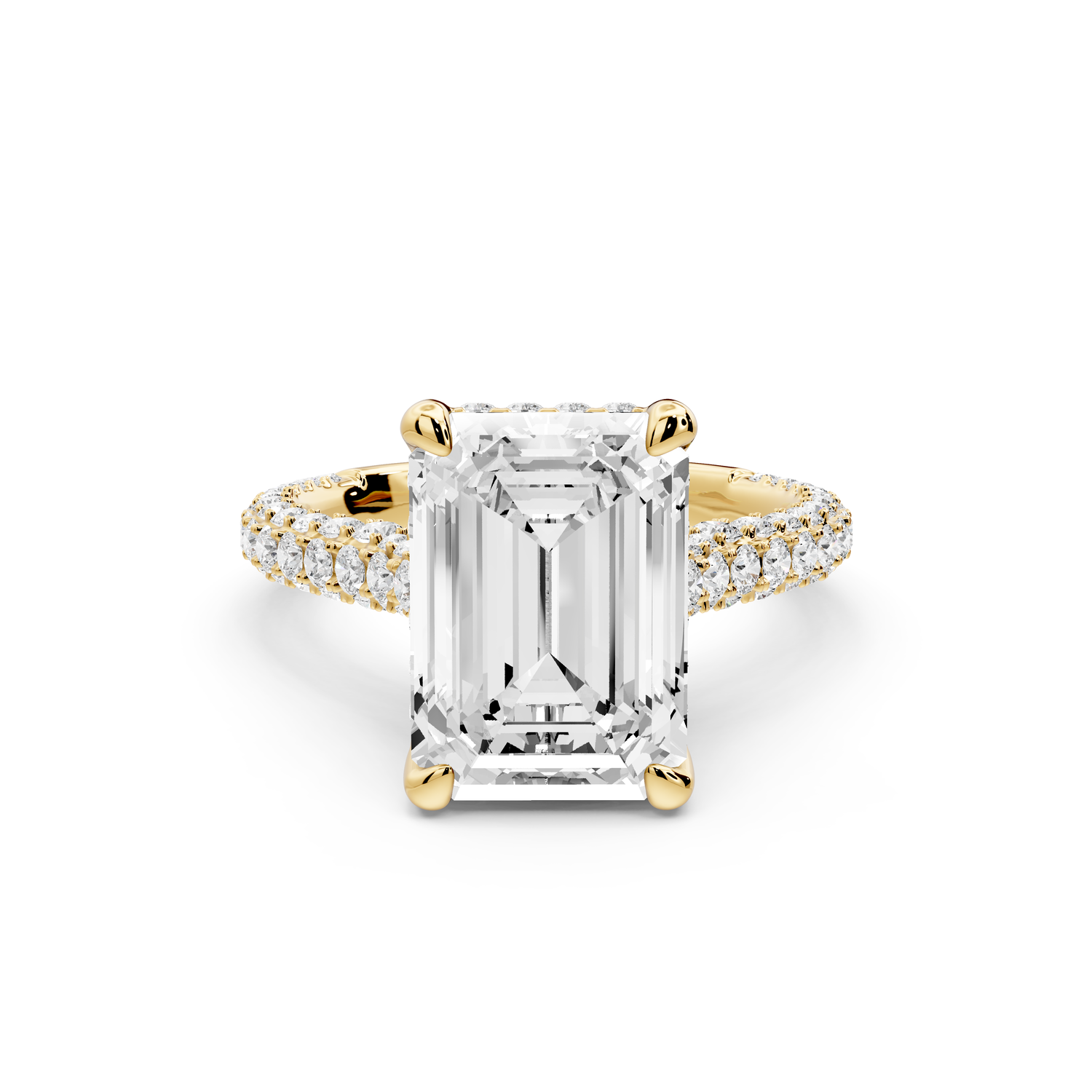 Bianca - 4ct 14k yellow gold emerald Diamond hidden halo with a diamond crown and bridge rollover pave cathedral Engagement ring