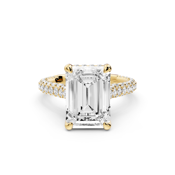 Bianca - 4ct 14k yellow gold emerald Diamond hidden halo with a diamond crown and bridge rollover pave cathedral Engagement ring