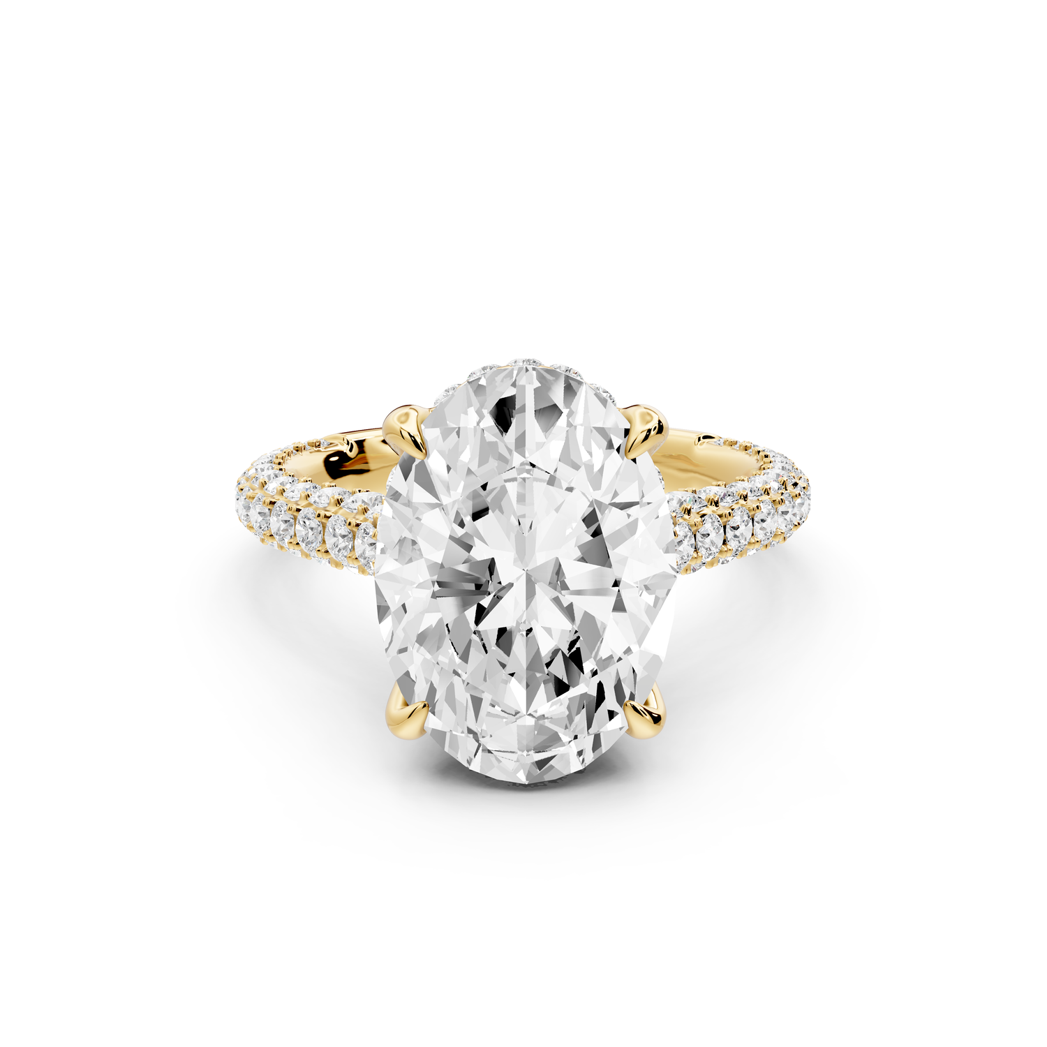 Bianca - 4ct 14k yellow gold oval Diamond hidden halo with a diamond crown and bridge rollover pave cathedral Engagement ring