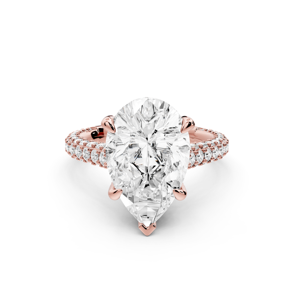Bianca - 4ct 14k rose gold pear Diamond hidden halo with a diamond crown and bridge rollover pave cathedral Engagement ring