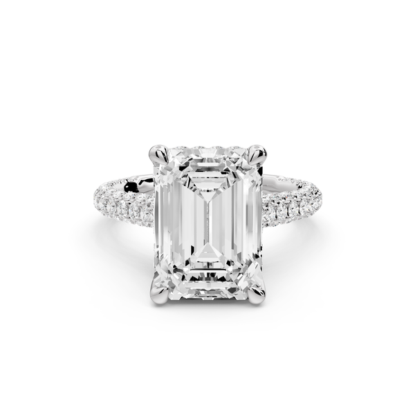 Bianca - 5ct 14k white gold emerald Diamond hidden halo with a diamond crown and bridge rollover pave cathedral Engagement ring