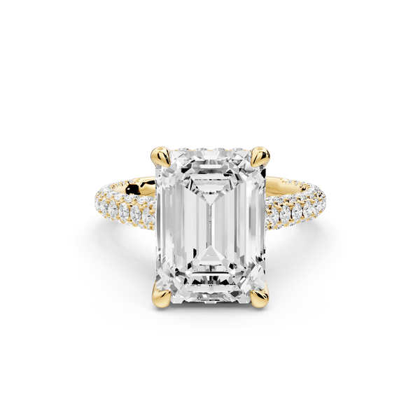 Bianca - 5ct 14k yellow gold emerald Diamond hidden halo with a diamond crown and bridge rollover pave cathedral Engagement ring