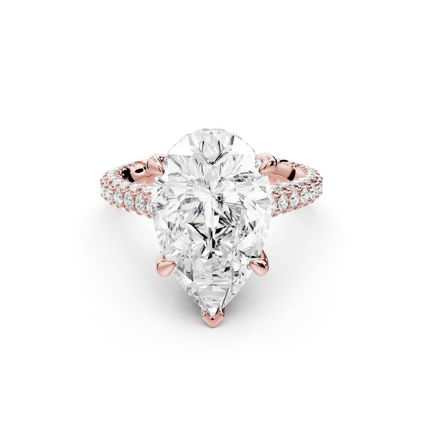 Bianca - 5ct 14k rose gold pear Diamond hidden halo with a diamond crown and bridge rollover pave cathedral Engagement ring