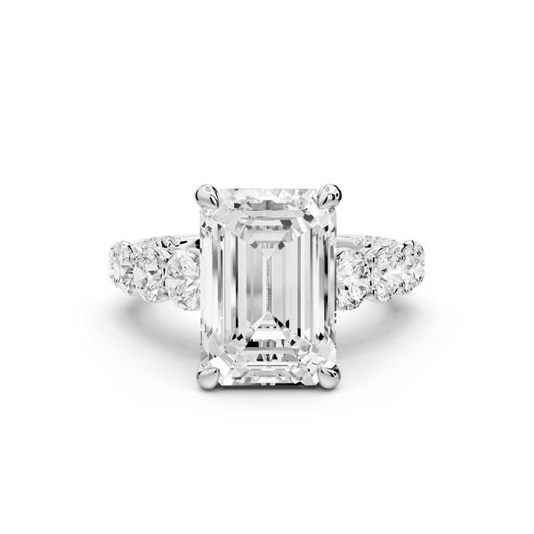 Rocio - 5ct platinum Emerald Hidden Halo Engagement Ring with Graduated Side Stones and Double Pavé Band