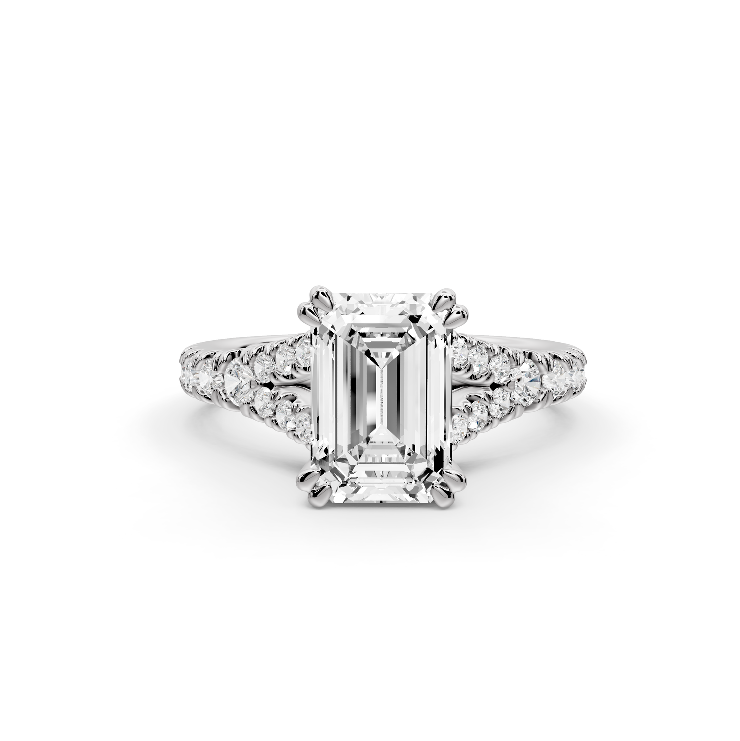 Rosalie - 2ct 14k white gold emerald Pavé Cathedral Hidden Halo with Diamond Bridge split shank Engagement Ring