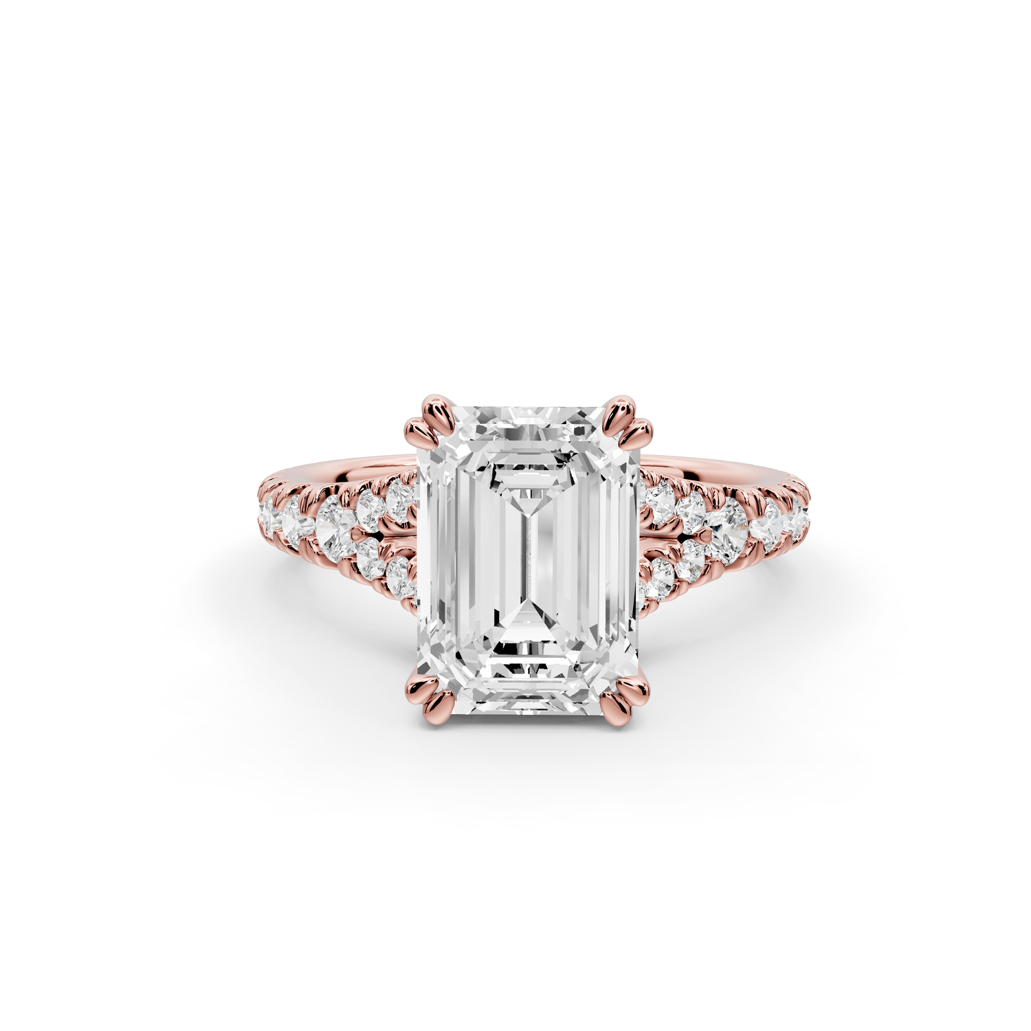 Rosalie - 3ct 14k rose gold emerald Pavé Cathedral Hidden Halo with Diamond Bridge split shank Engagement Ring
