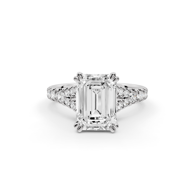 Rosalie - 3ct 14k white gold emerald Pavé Cathedral Hidden Halo with Diamond Bridge split shank Engagement Ring
