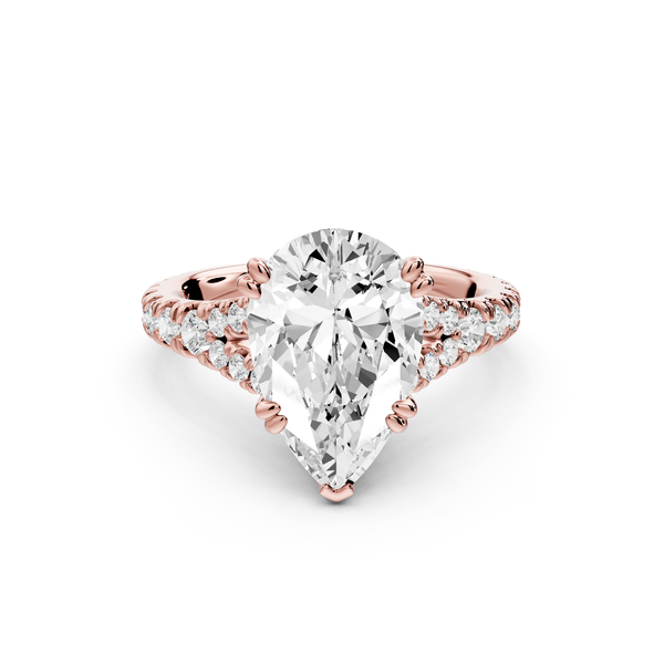 Rosalie - 3ct 14k rose gold pear Pavé Cathedral Hidden Halo with Diamond Bridge split shank Engagement Ring