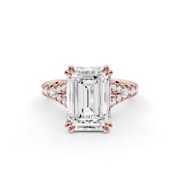 Rosalie - 4ct 14k rose gold emerald Pavé Cathedral Hidden Halo with Diamond Bridge split shank Engagement Ring