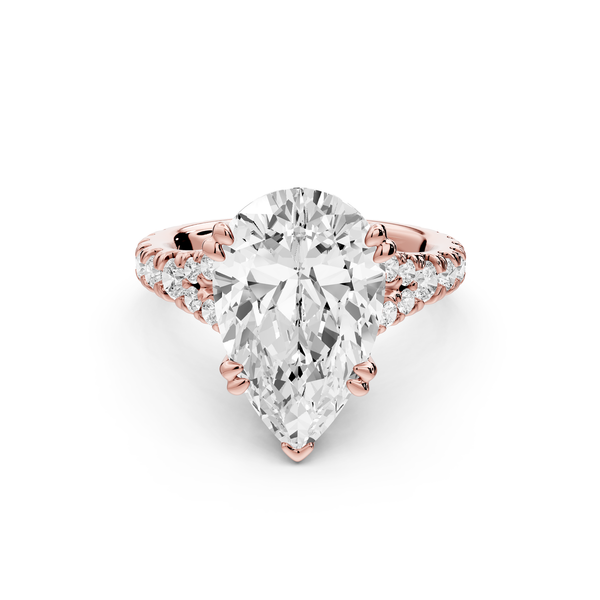 Rosalie - 5ct 14k rose gold pear Pavé Cathedral Hidden Halo with Diamond Bridge split shank Engagement Ring