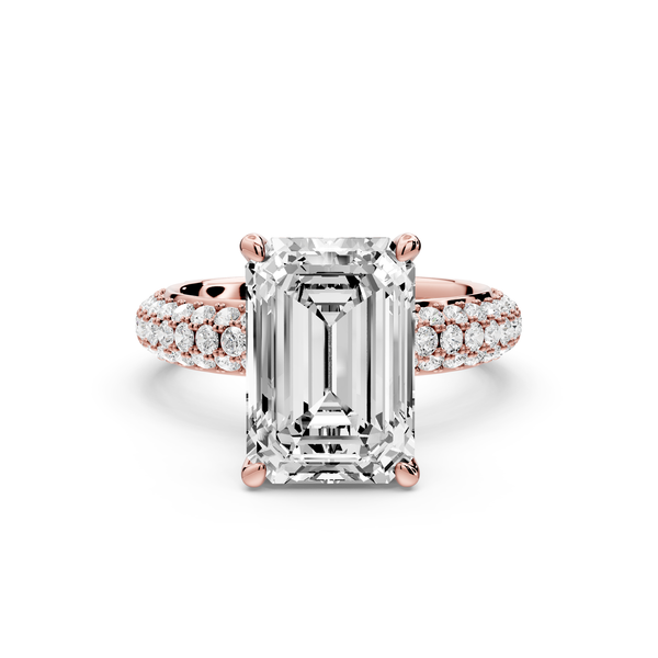 Evelina - 4ct 14k rose gold emerald wrap around Halo Rollover Pavé Diamond Crown Engagement Ring