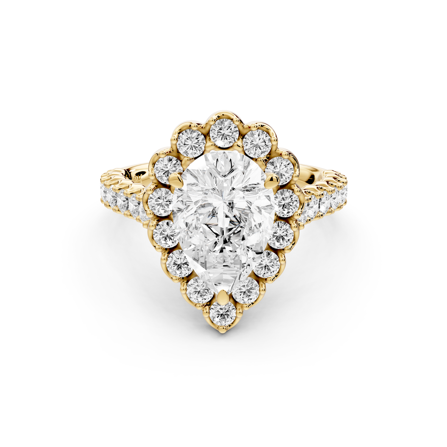 Anastasia - 2ct 14k yellow gold pear Diamond with Floral Halo and Pavé engagement Ring