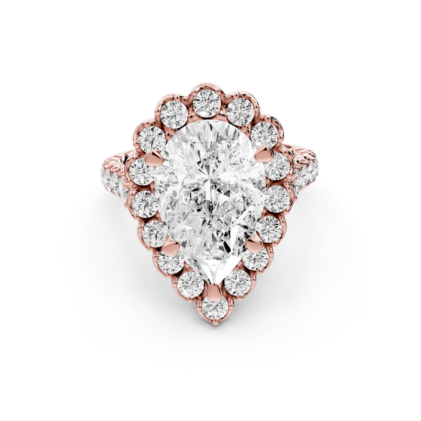 Anastasia - 4ct 14k rose gold pear Diamond with Floral Halo and Pavé engagement Ring