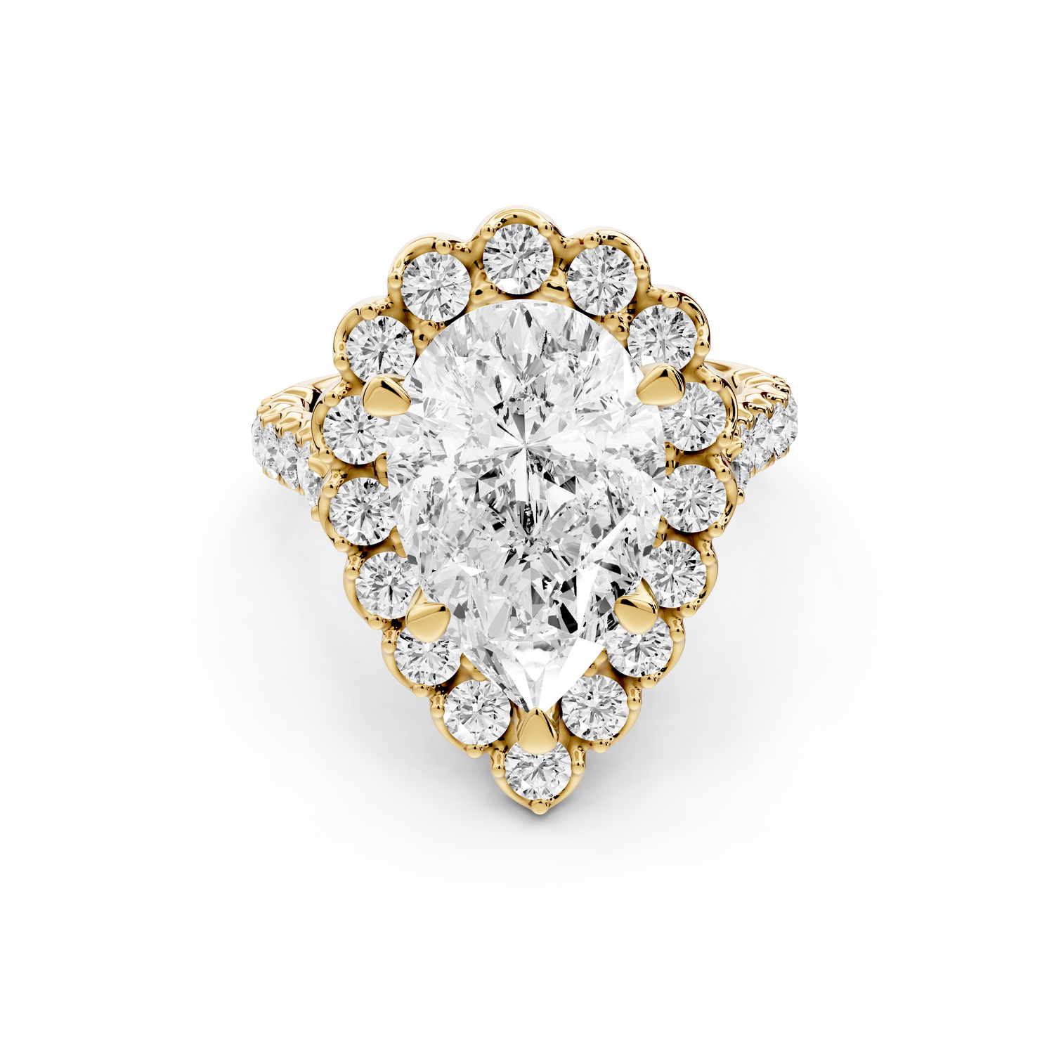 Anastasia - 4ct 14k yellow gold pear Diamond with Floral Halo and Pavé engagement Ring