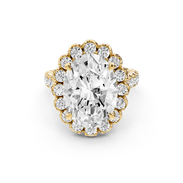 Anastasia - 5ct 14k yellow gold oval Diamond with Floral Halo and Pavé engagement Ring