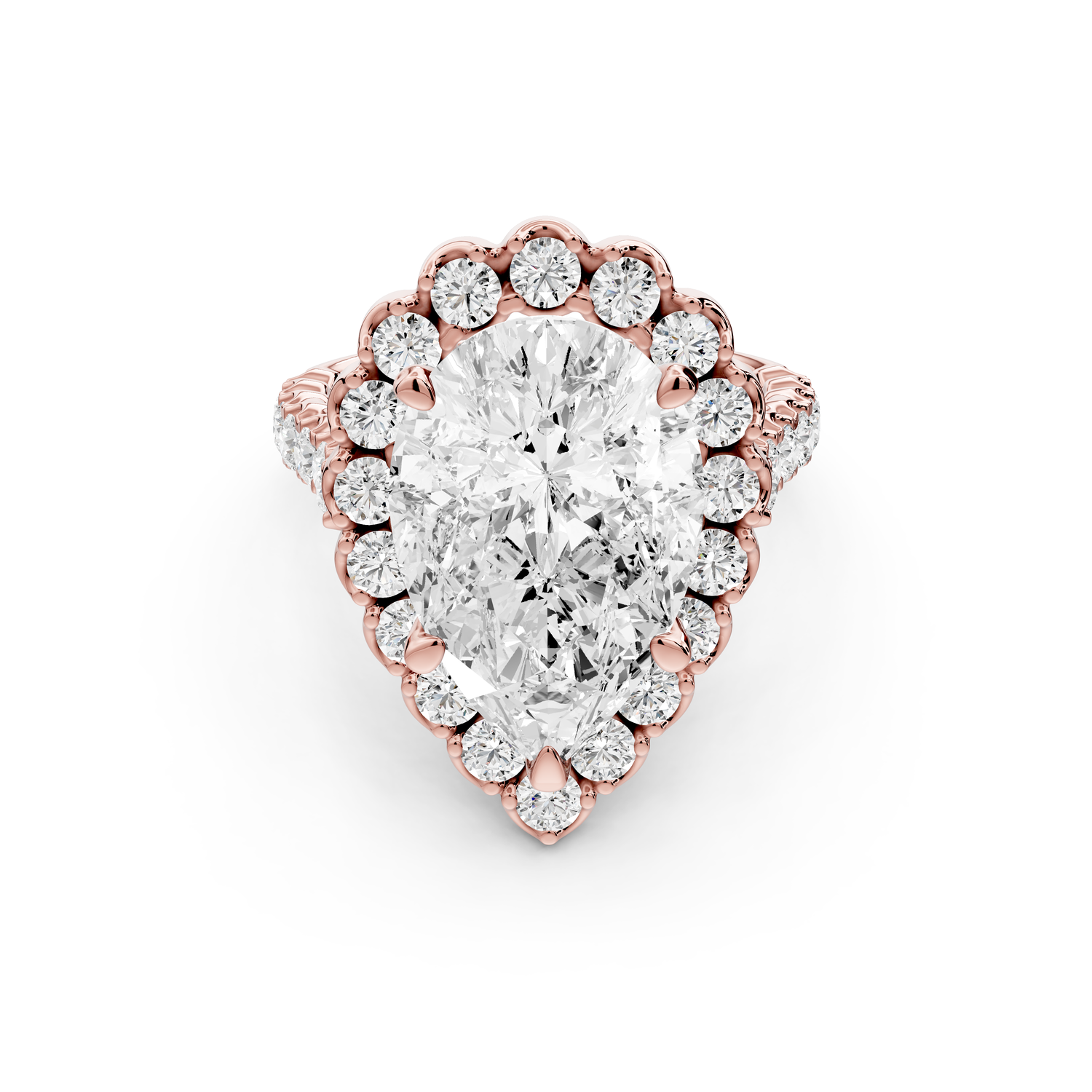 Anastasia - 5ct 14k rose gold pear Diamond with Floral Halo and Pavé engagement Ring
