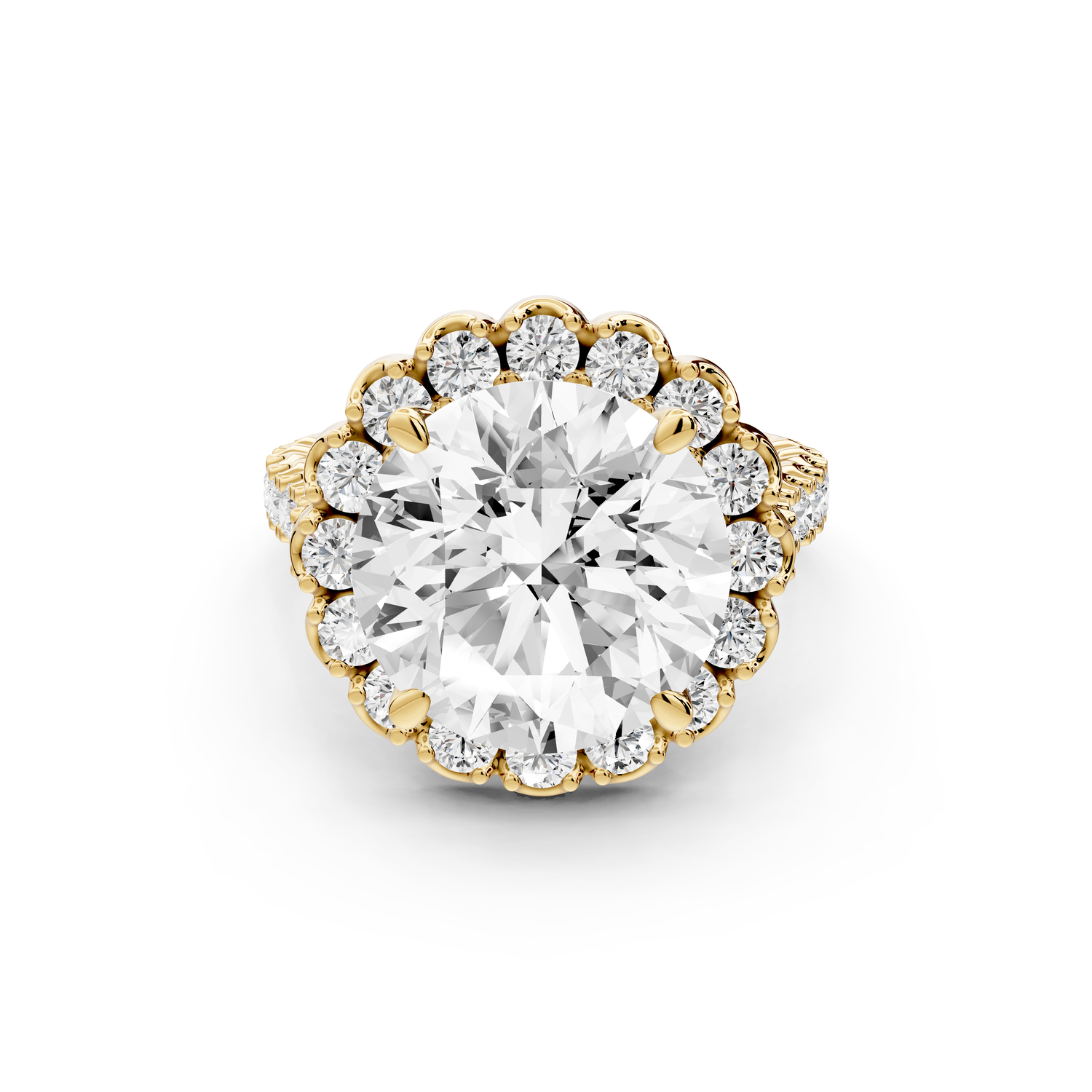Anastasia - 5ct 14k yellow gold round Diamond with Floral Halo and Pavé engagement Ring