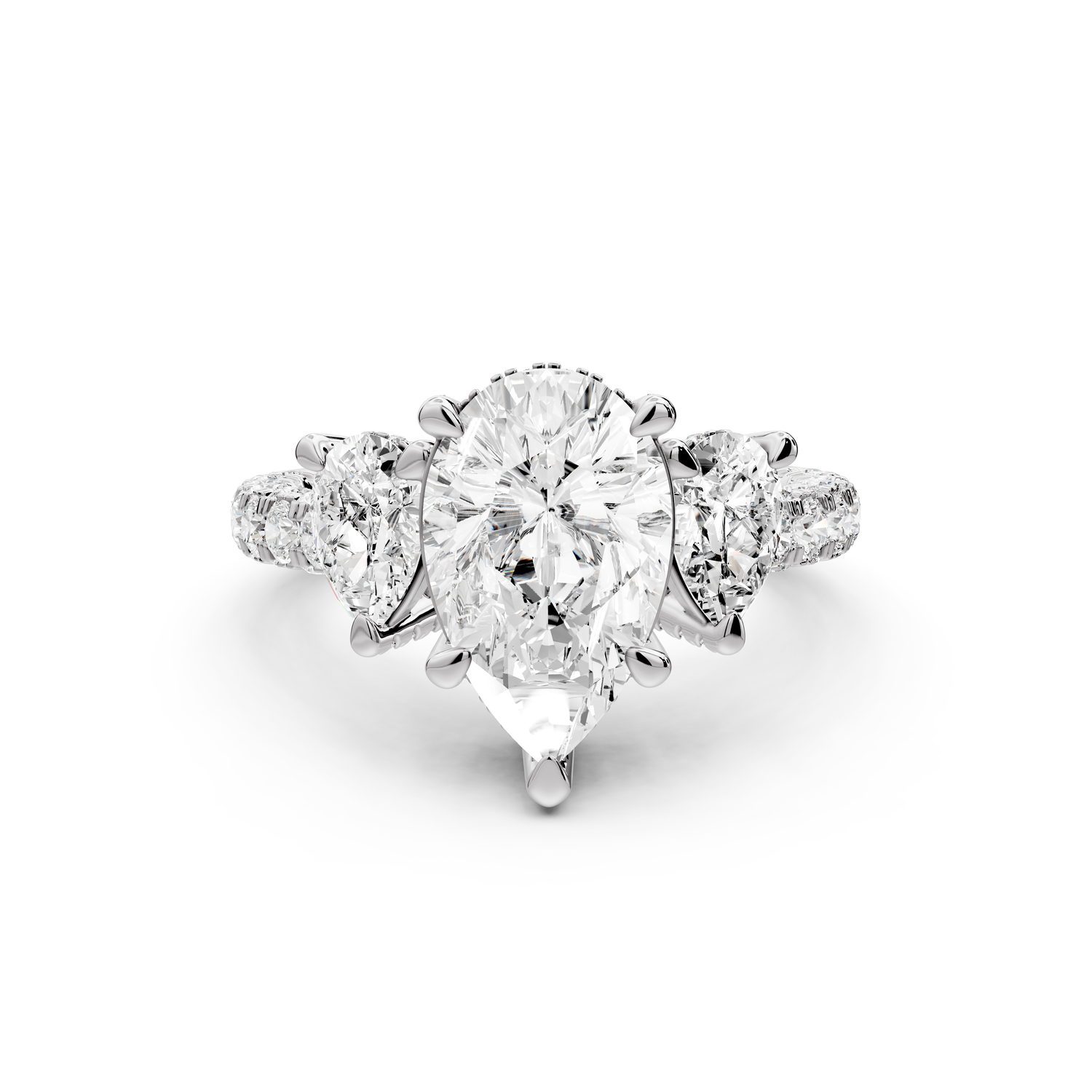 Neta - 2ct platinum Pear Hidden Halo Three-Stone Engagement Ring with Pavé Band