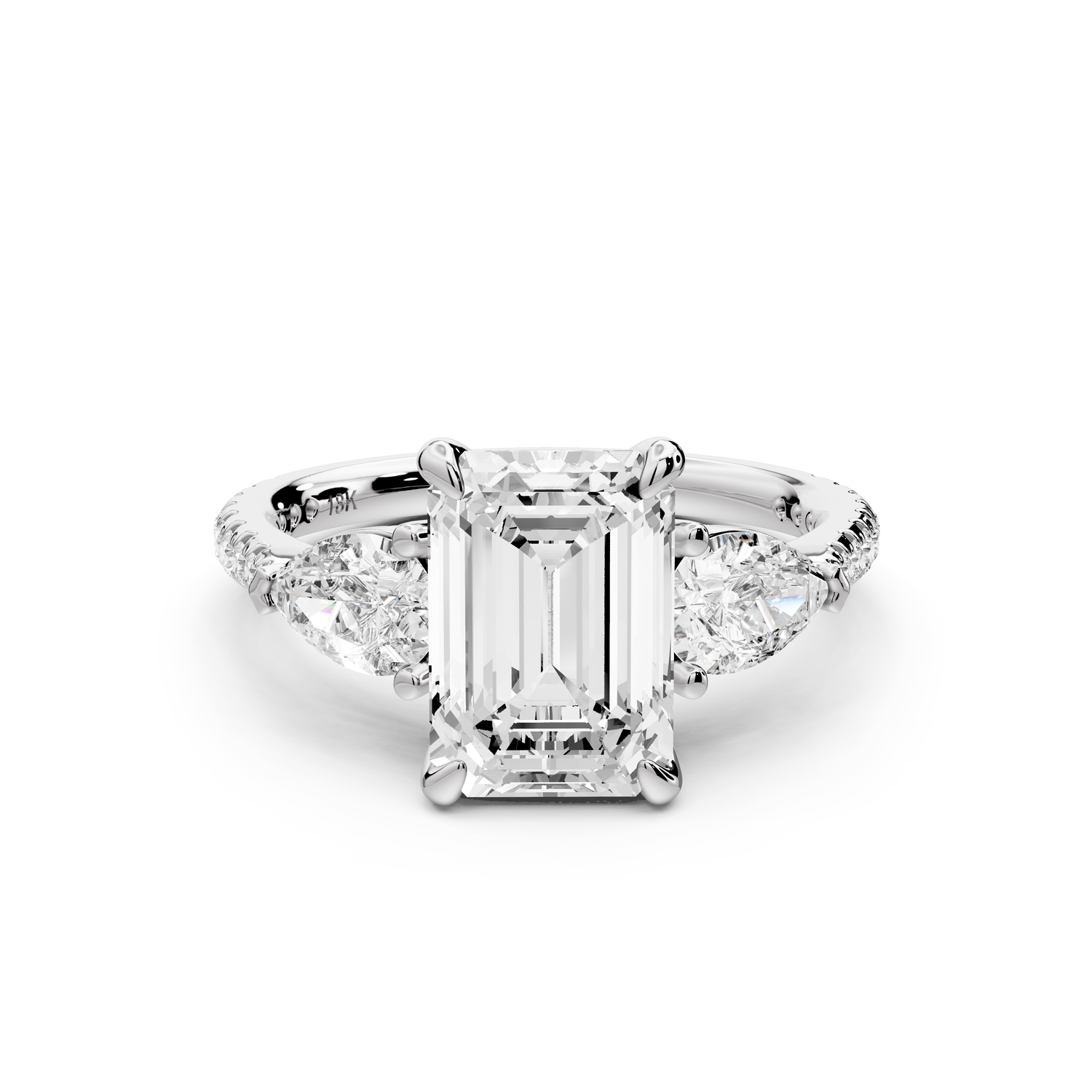 Alma - 2ct 14k white gold emerald center stone with two pear shaped diamonds and pavé. Three stone oval and pear Engagement ring with Pavé