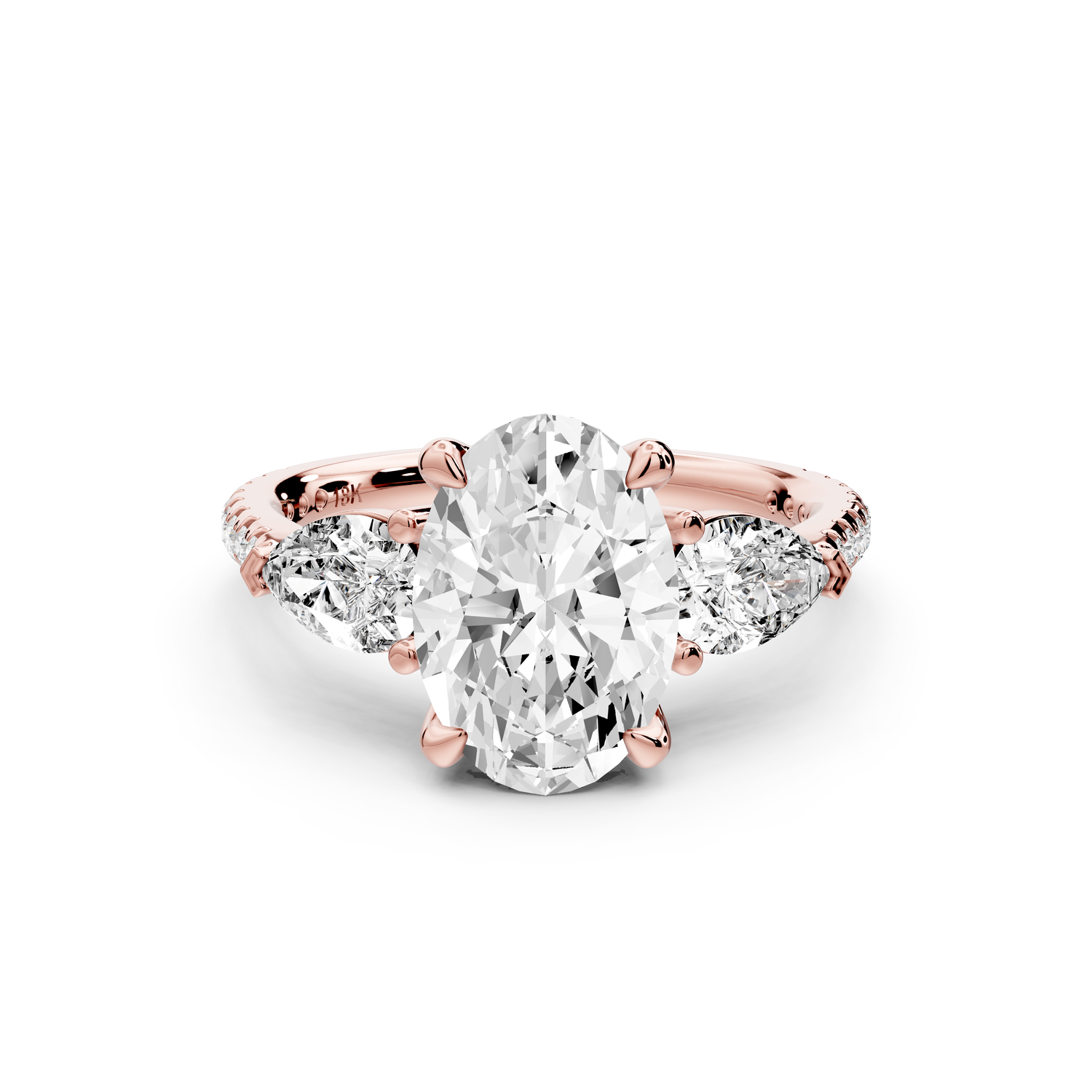 Alma - 2ct 14k rose gold oval center stone with two pear shaped diamonds and pavé. Three stone oval and pear Engagement ring with Pavé