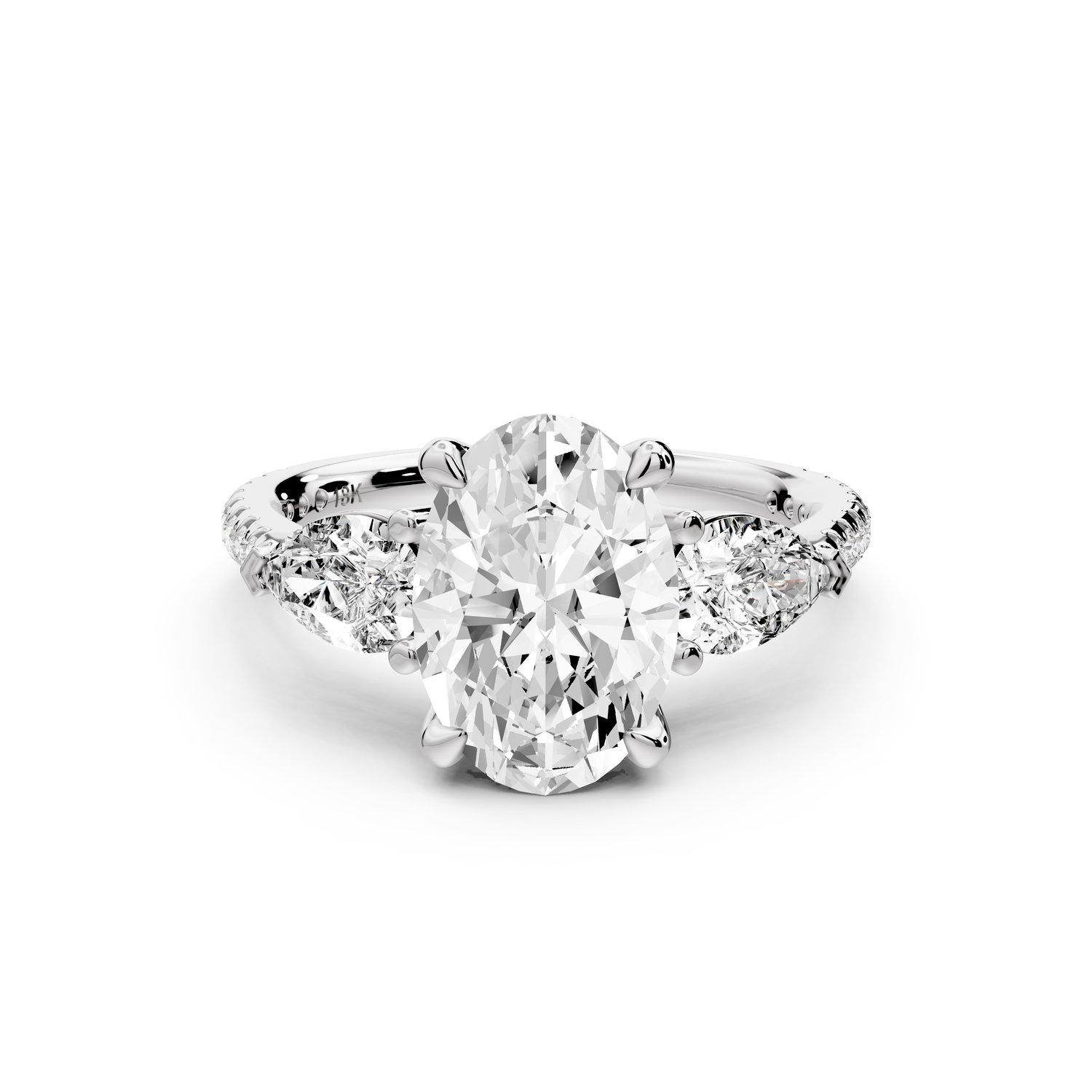 Alma - 2ct 14k white gold oval center stone with two pear shaped diamonds and pavé. Three stone oval and pear Engagement ring with Pavé