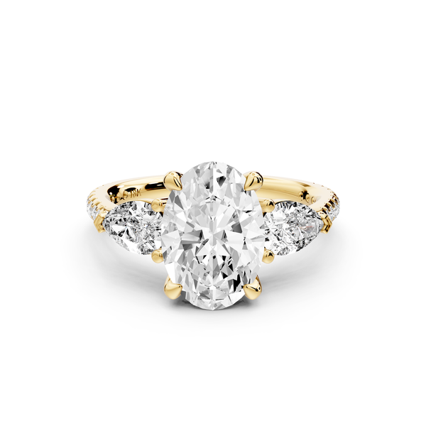 Alma - 2ct 14k yellow gold oval center stone with two pear shaped diamonds and pavé. Three stone oval and pear Engagement ring with Pavé