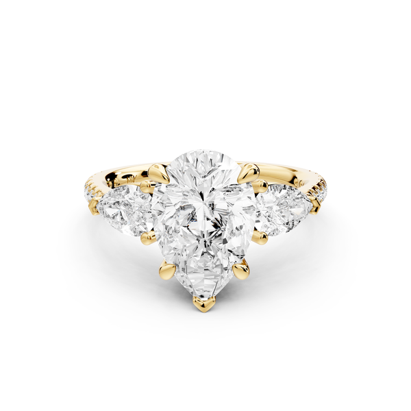 Alma - 2ct 14k yellow gold pear center stone with two pear shaped diamonds and pavé. Three stone oval and pear Engagement ring with Pavé