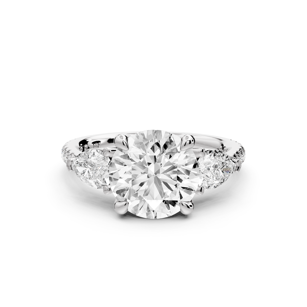Alma - 2ct 14k white gold round center stone with two pear shaped diamonds and Pavé. Three stone oval and pear engagment ring with Pavé