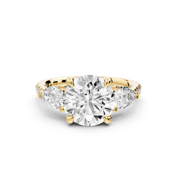 Alma - 2ct 14k yellow gold round center stone with two pear shaped diamonds and Pavé. Three stone oval and pear engagment ring with Pavé