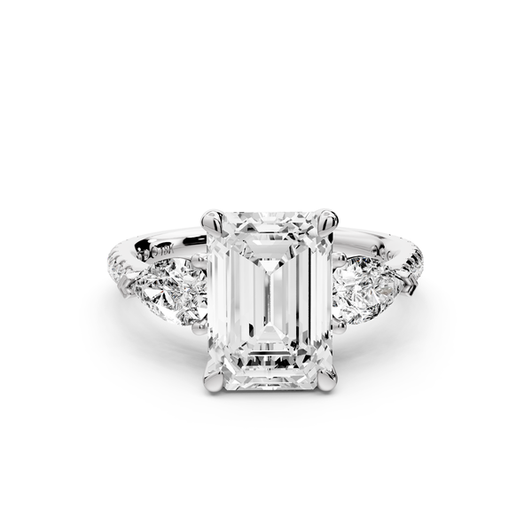 Alma - 3ct 14k white gold emerald center stone with two pear shaped diamonds and pavé. Three stone oval and pear Engagement ring with Pavé