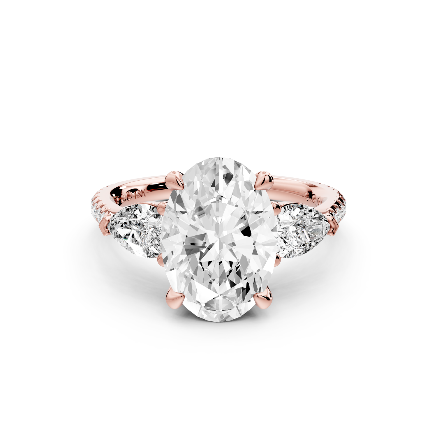 Alma - 3ct 14k rose gold oval center stone with two pear shaped diamonds and pavé. Three stone oval and pear Engagement ring with Pavé