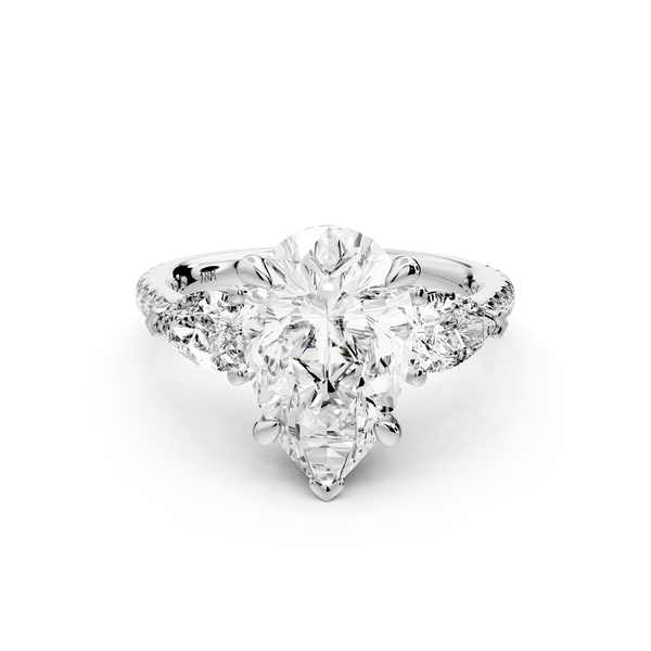 Alma - 3ct 14k white gold pear center stone with two pear shaped diamonds and pavé. Three stone oval and pear Engagement ring with Pavé