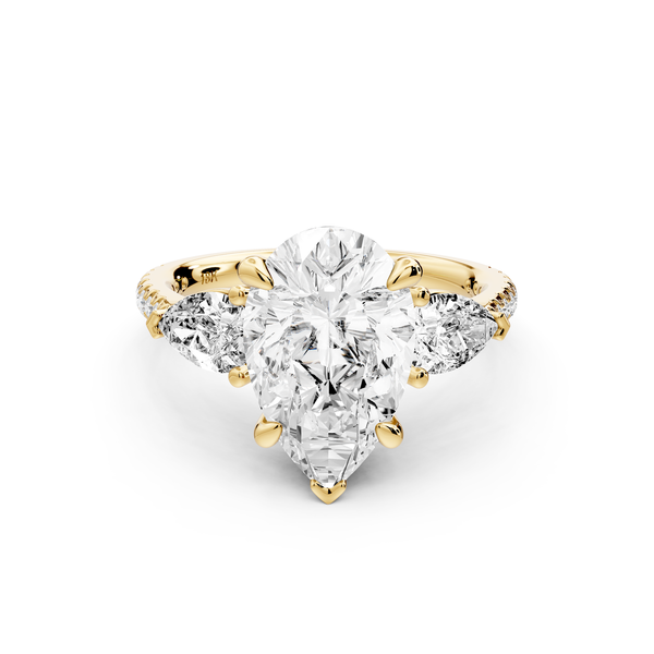 Alma - 3ct 14k yellow gold pear center stone with two pear shaped diamonds and pavé. Three stone oval and pear Engagement ring with Pavé