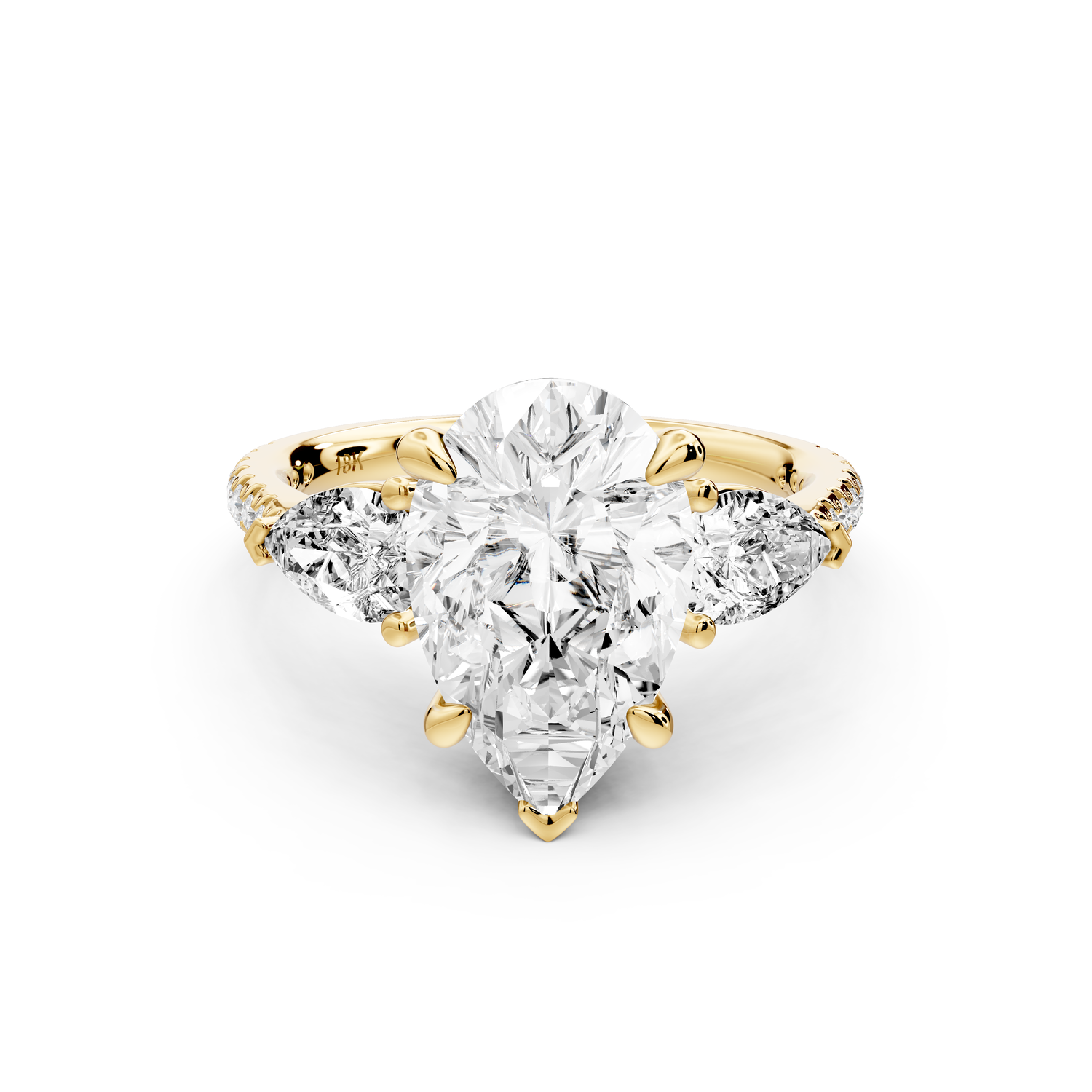 Alma - 3ct 14k yellow gold pear center stone with two pear shaped diamonds and pavé. Three stone oval and pear Engagement ring with Pavé