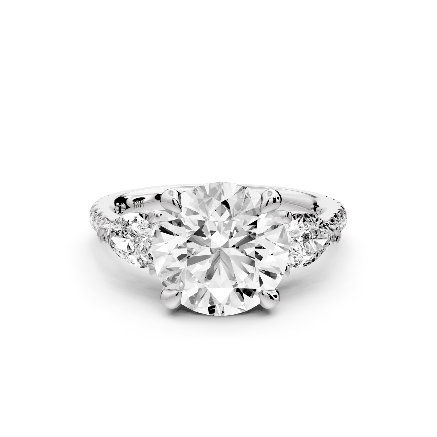 Alma - 3ct 18k white gold round center stone with two pear shaped diamonds and pavé. Three stone oval and pear Engagement ring with Pavé