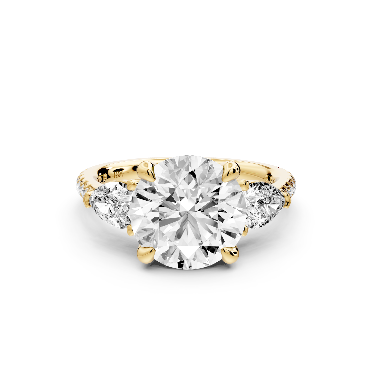 Alma - 3ct 14k yellow gold round center stone with two pear shaped diamonds and pav��. Three stone oval and pear engagment ring with Pav��