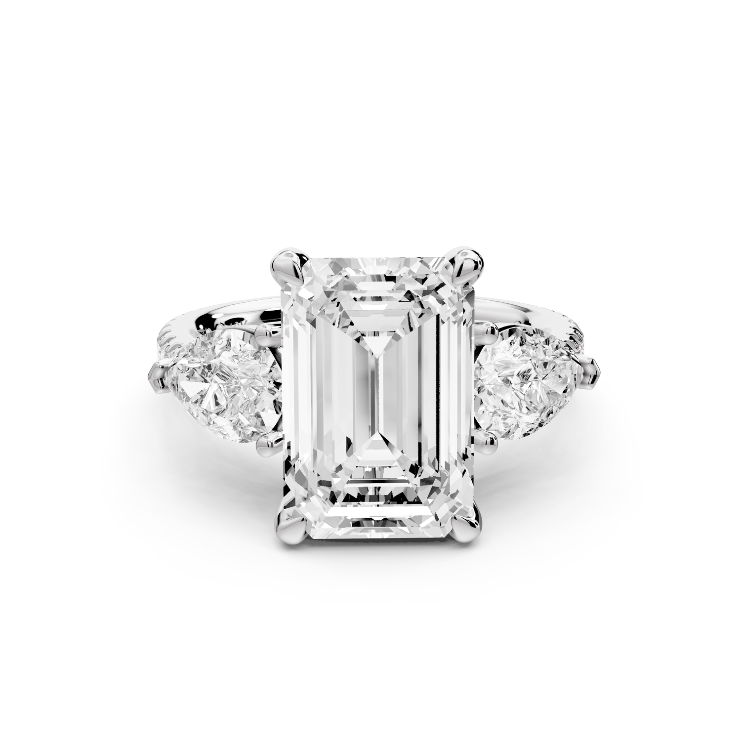 Alma - 4ct 14k white gold emerald center stone with two pear shaped diamonds and pavé. Three stone oval and pear Engagement ring with Pavé