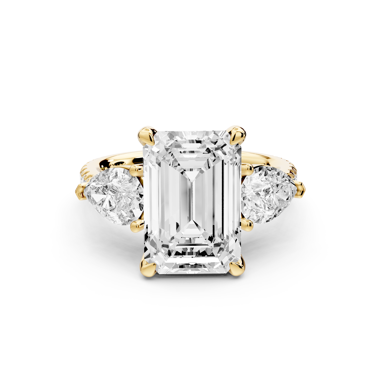 Alma - 4ct 14k yellow gold emerald center stone with two pear shaped diamonds and pavé. Three stone oval and pear Engagement ring with Pavé