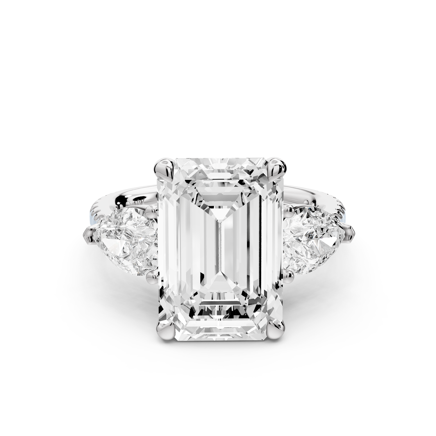 Alma - 5ct 14k white gold emerald center stone with two pear shaped diamonds and pavé. Three stone oval and pear Engagement ring with Pavé