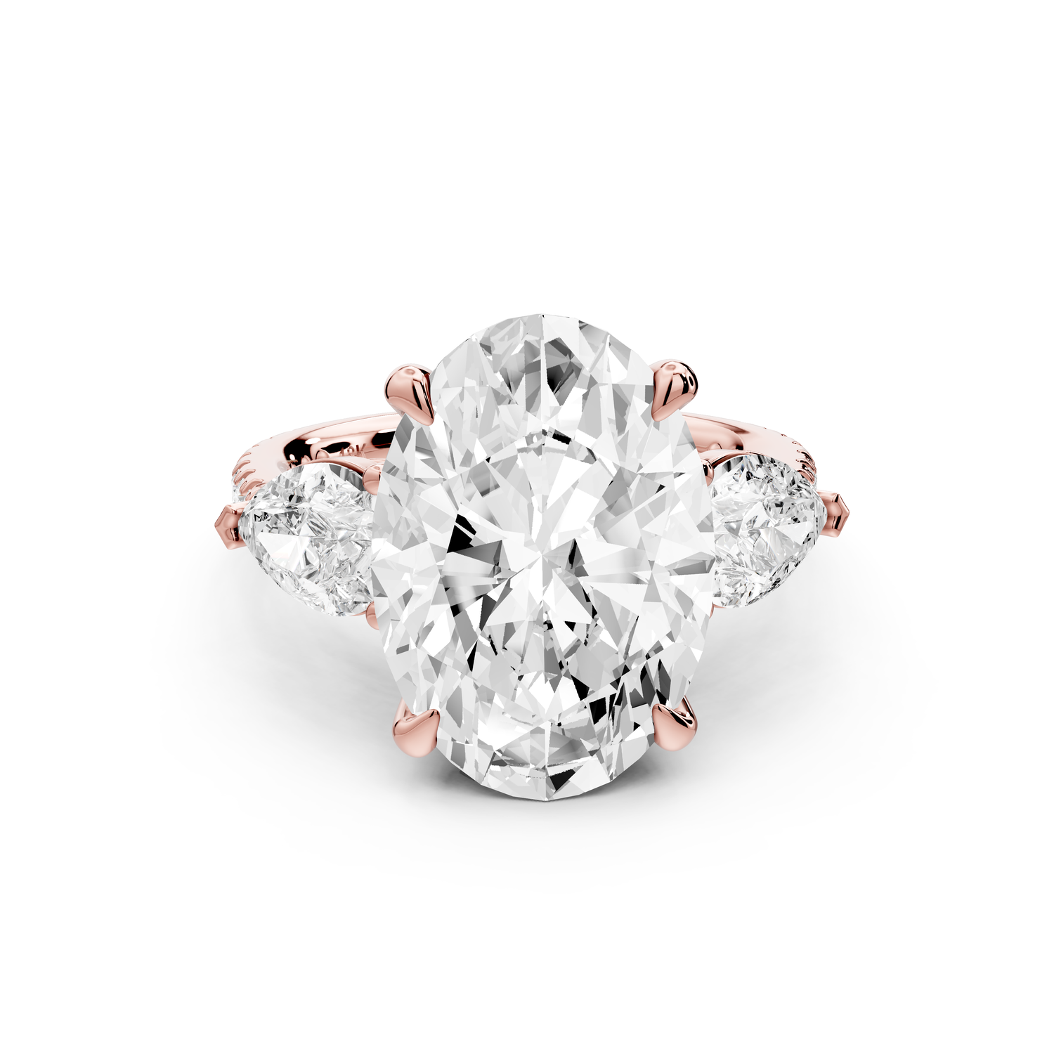 Alma - 5ct 14k rose gold oval center stone with two pear shaped diamonds and pavé. Three stone oval and pear Engagement ring with Pavé