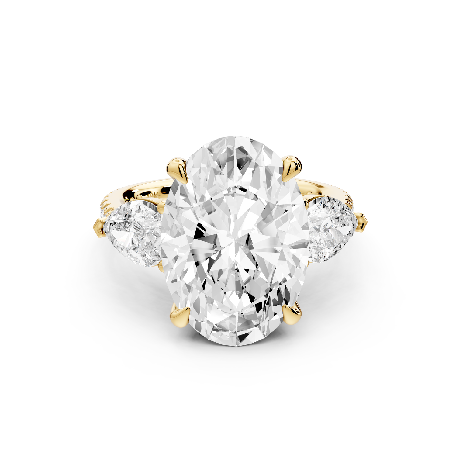 Alma - 5ct 14k yellow gold oval center stone with two pear shaped diamonds and pavé. Three stone oval and pear Engagement ring with Pavé