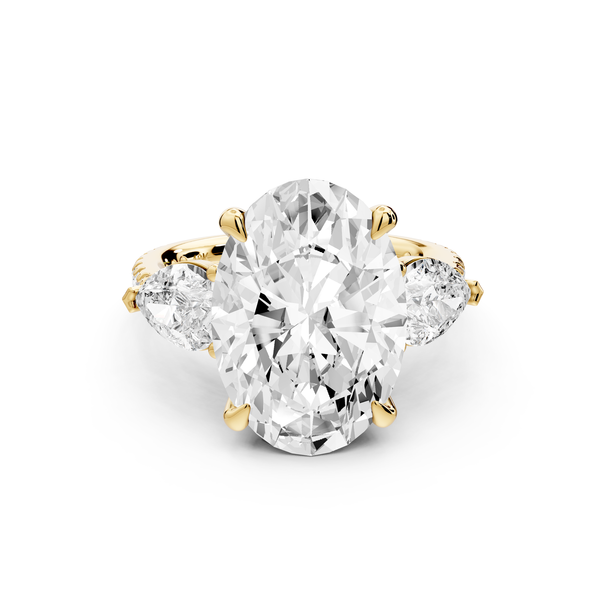 Alma - 5ct 14k yellow gold oval center stone with two pear shaped diamonds and pavé. Three stone oval and pear Engagement ring with Pavé