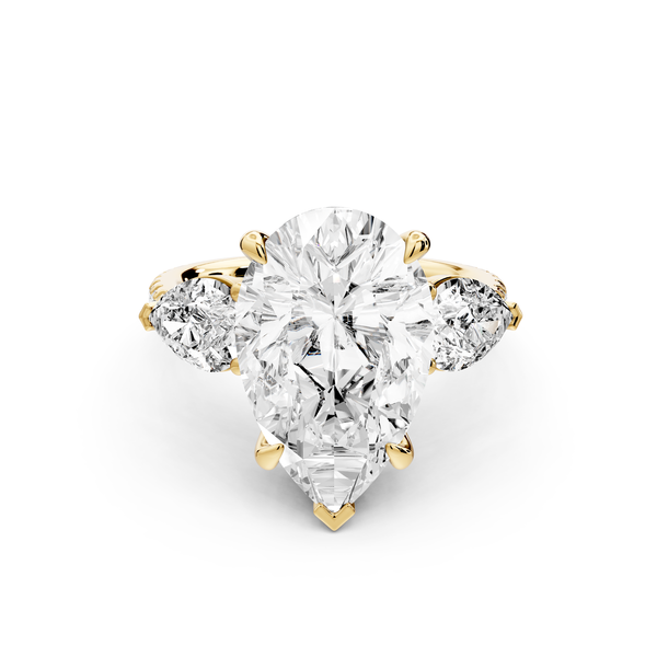 Alma - 5ct 14k yellow gold pear center stone with two pear shaped diamonds and pavé. Three stone oval and pear Engagement ring with Pavé